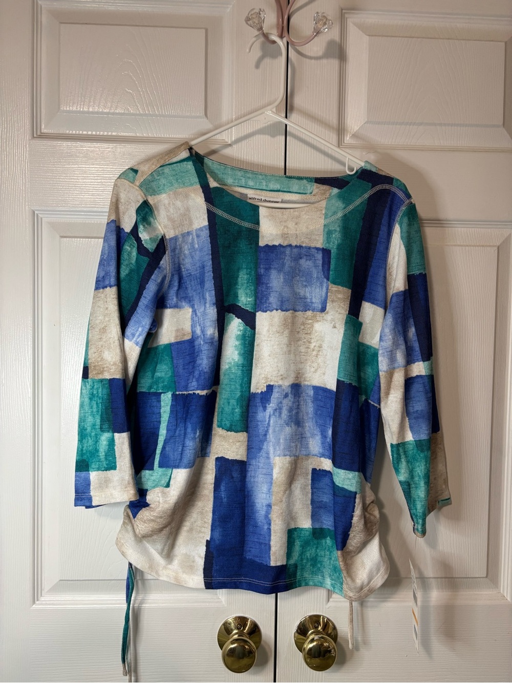 Alfred Dunner Abstract Blue & Teal Women's Top - Casual Boatneck Sz S NWT